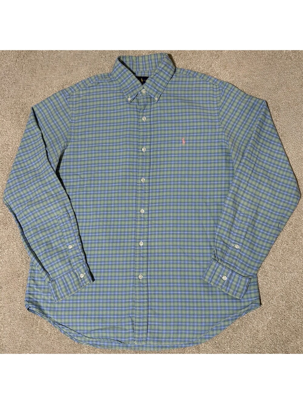 Polo Ralph Lauren Mens L Button Down Plaid Shirts Green Blue Pony Logo Classic